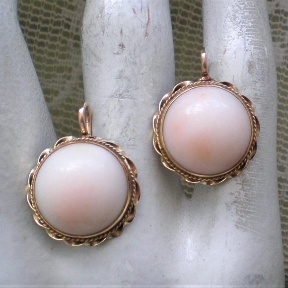 Vintage Solid 14K Yellow Gold 15MM Angel Skin White Pink Coral Dangle EARRINGS